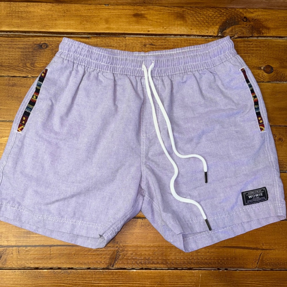 Wowie Shorts Mens Small Purple Drawstring Elastic Waist Aztec Trim Casual Beach